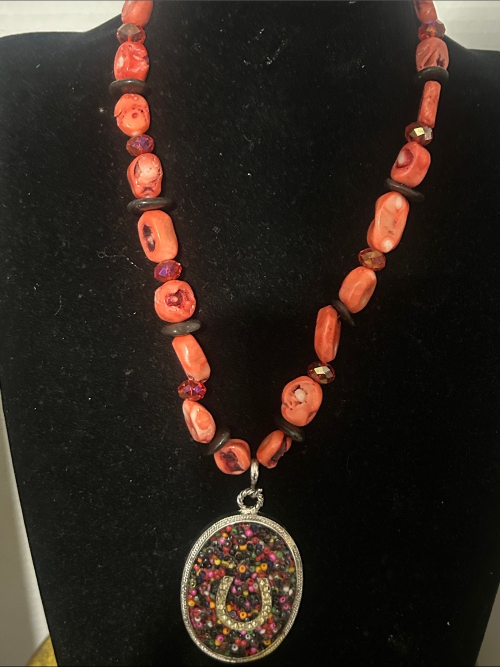 Beaded Coral-Red Pendant Necklace with Multicolor Horseshoe Accent